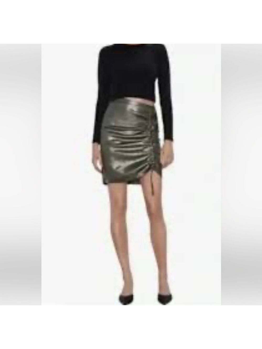ZARA Women’s Grayish Green Metallic Drawstring Pencil Skirt. Size M